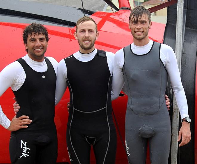 The winning crew (from left) Jordan Girdis, Lachlan Doyle, Nathan Edwards ©  Frank Quealey / Australian 18 Footers League